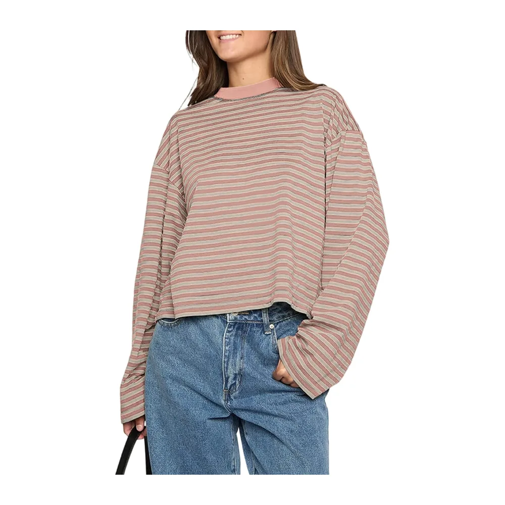 Long Sleeve Striped T-Shirt Crew Neck Sweatshirt Loose Casual Spring Summer — Rose