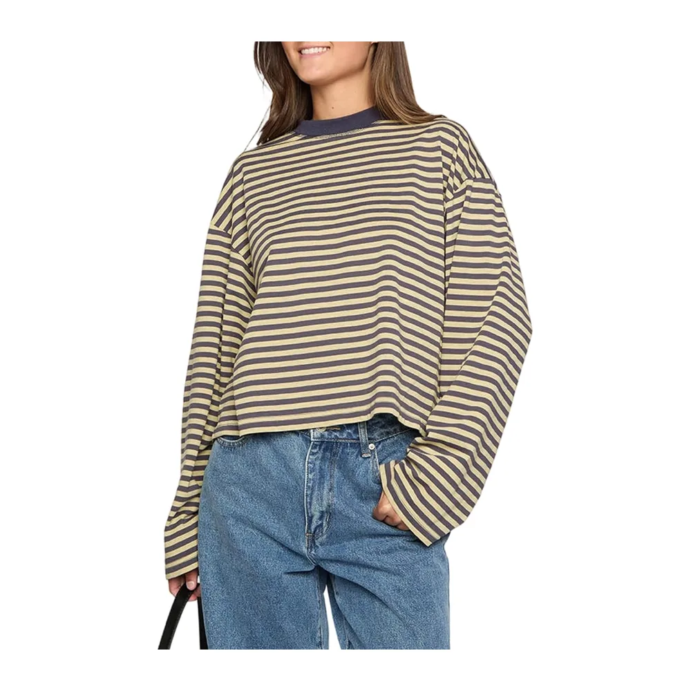 Long Sleeve Striped T-Shirt Crew Neck Sweatshirt Loose Casual Spring Summer — Beige