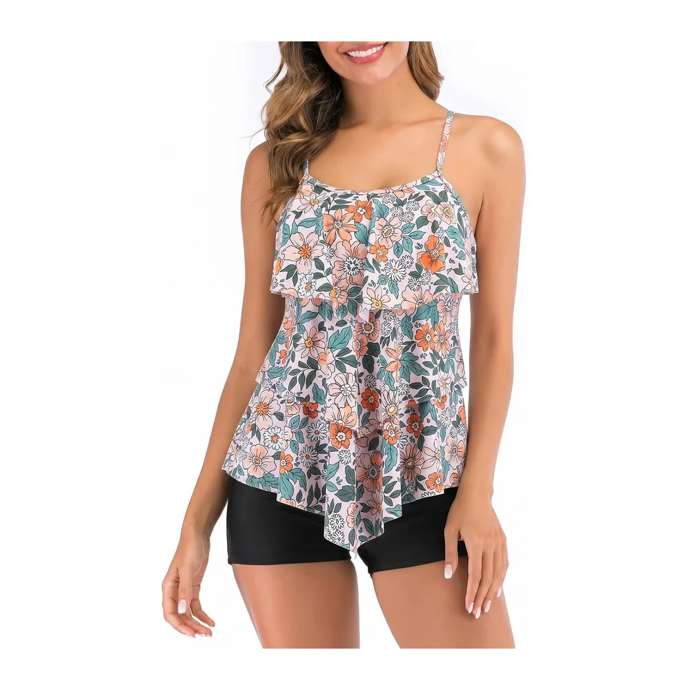 Maillot de Bain Tankini Ensembles à Volants Maillot Haut Imprimé avec Short — Pinkfloral