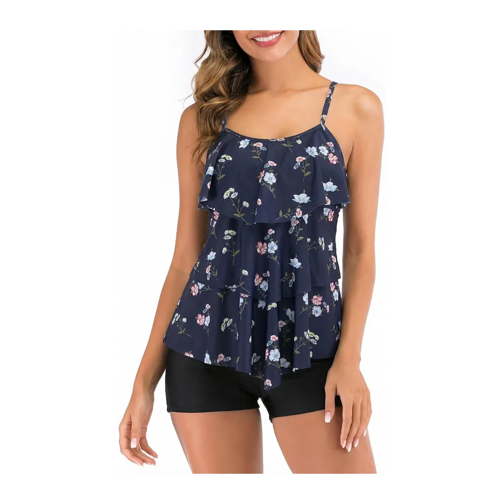 Maillot de Bain Tankini Ensembles à Volants Maillot Haut Imprimé avec Short de — Navyblue