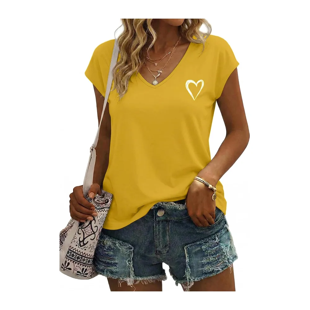V-Neck Short Sleeve Heart Print T-Shirt — Jaune