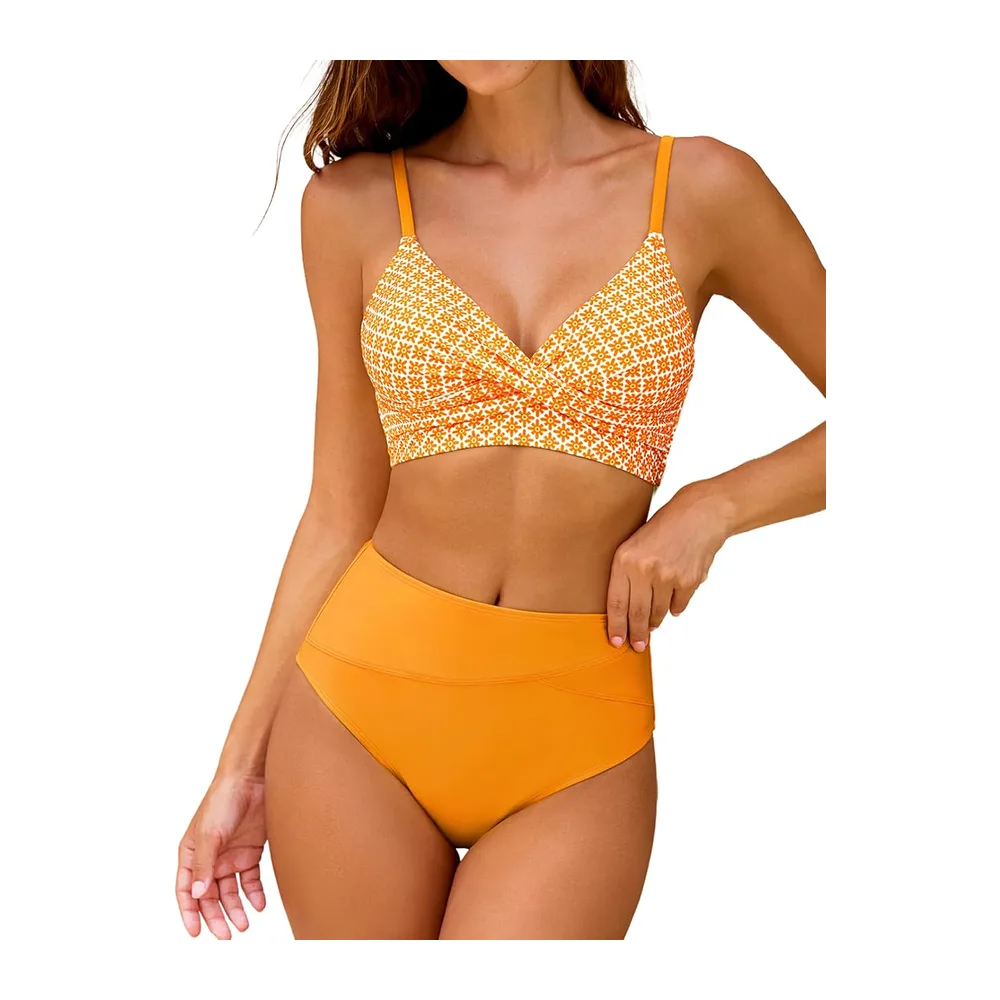 Bikini Torsadé Taille Haute Ensemble Bikini Col V Élégant — Motif Floral Jaune Vif