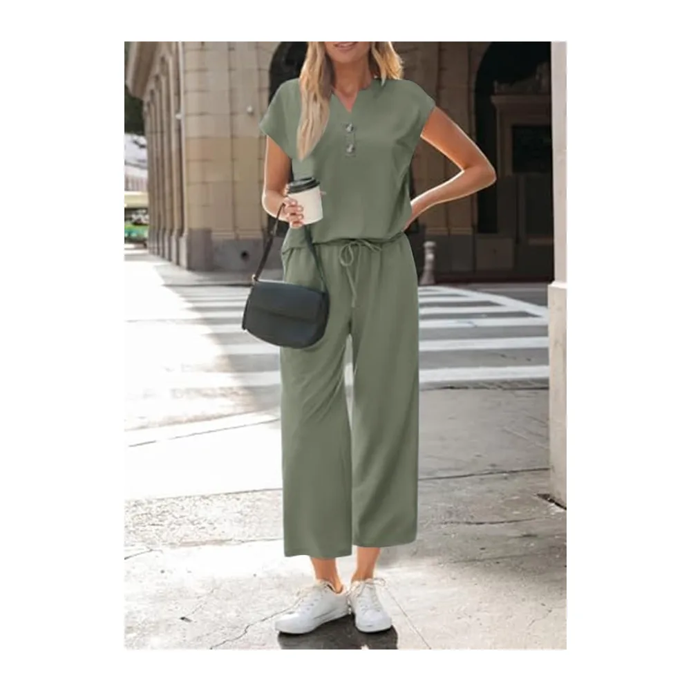 Survêtement Ensemble Jogging Tenue Sport Haut Col V et Pantalon à Jambes Larges — Vert