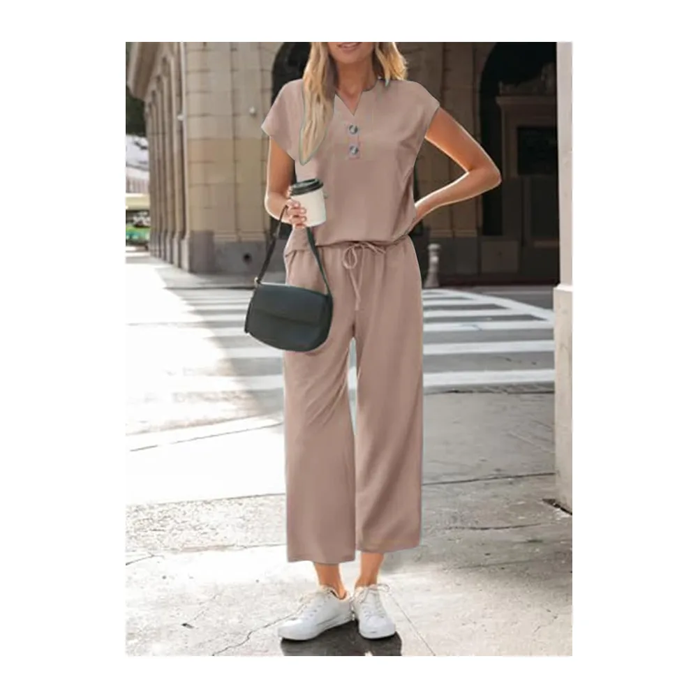 Survêtement Ensemble Jogging Tenue Sport Haut Col V et Pantalon à Jambes Larges — Kaki