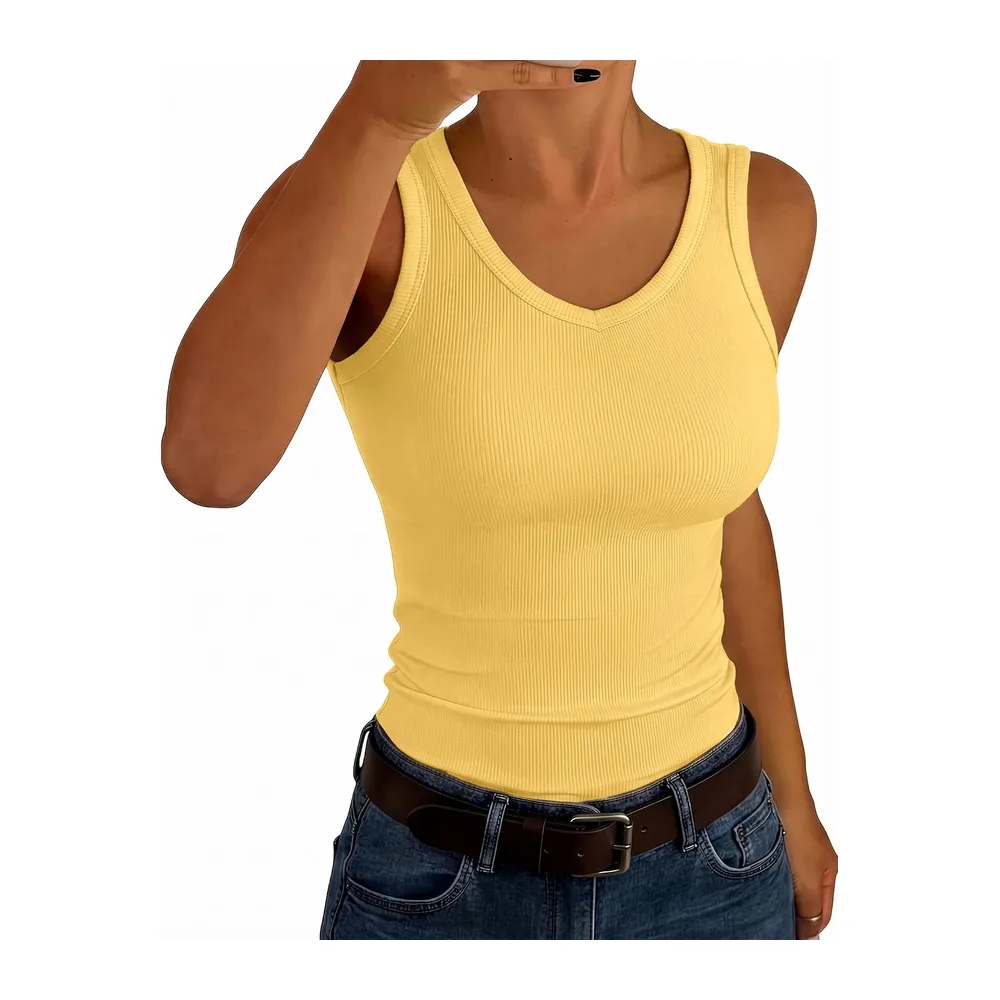 V Neck Sleeveless Ribbed Summer Tank Top Slim Plain Top — Jaune