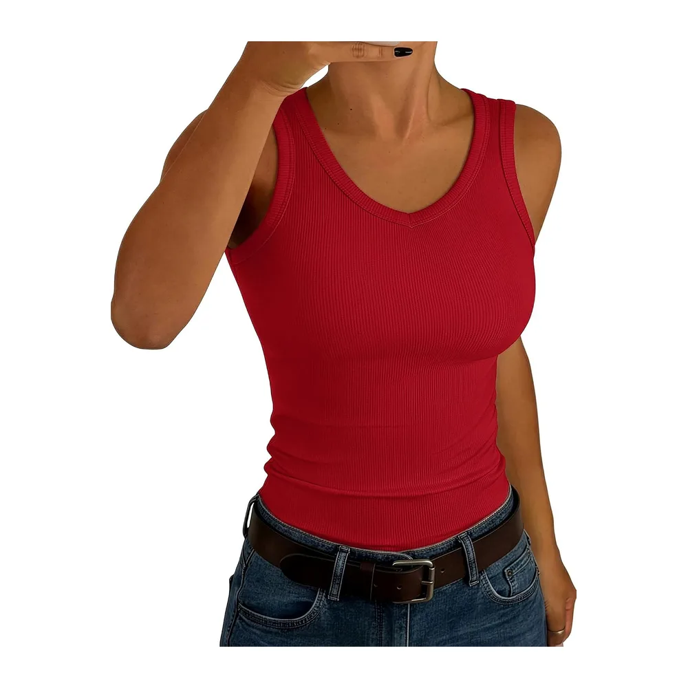 V Neck Sleeveless Ribbed Summer Tank Top Slim Plain Top — Rouge