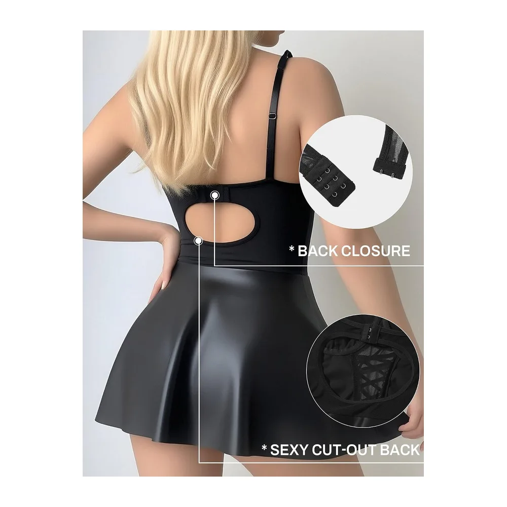 Leather Dress Wet Look Underwear Curved Elegant A Line Faux Leather Dress S-2XL — Noir