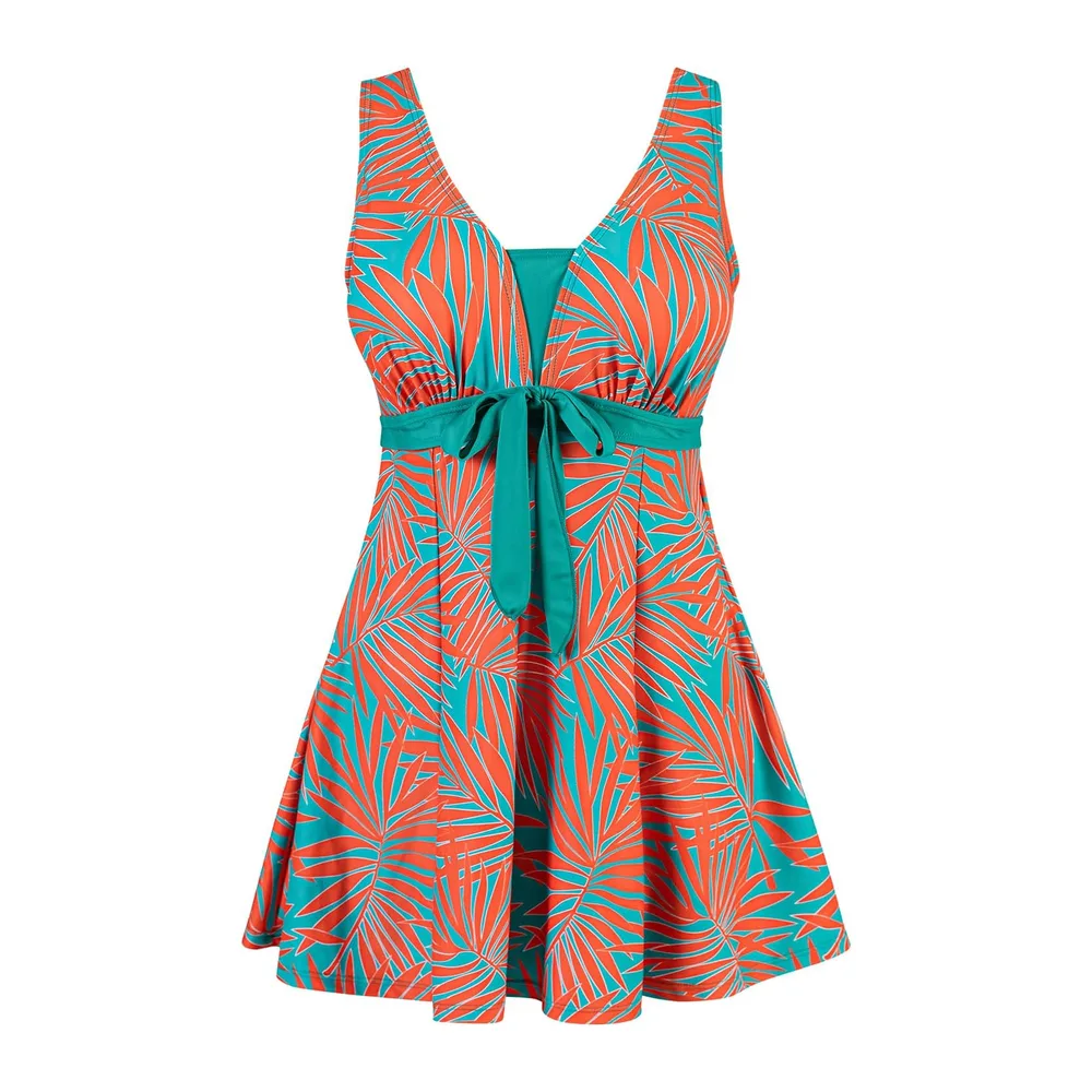 Maillot de Bain Une Pieces Rétro Jupe avec — Turquoise Corail Feuilles Tropicales