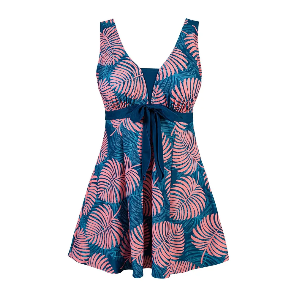 Maillot de Bain Une Pieces Rétro Jupe avec Volantée — Sarcelle Rose Feuilles de Fougère