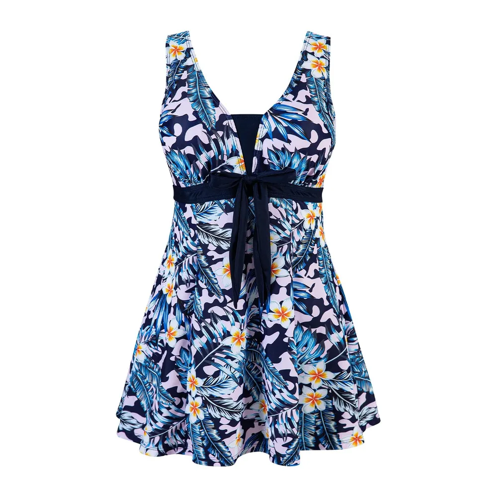 Maillot de Bain Une Pieces Rétro Jupe avec Volantée Contrôle — Bleu Minuit Bouquet Floral