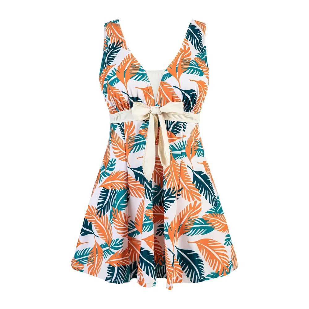 Maillot de Bain Une Pieces Rétro Jupe avec Volantée — Crème Corail Feuilles Tropicales