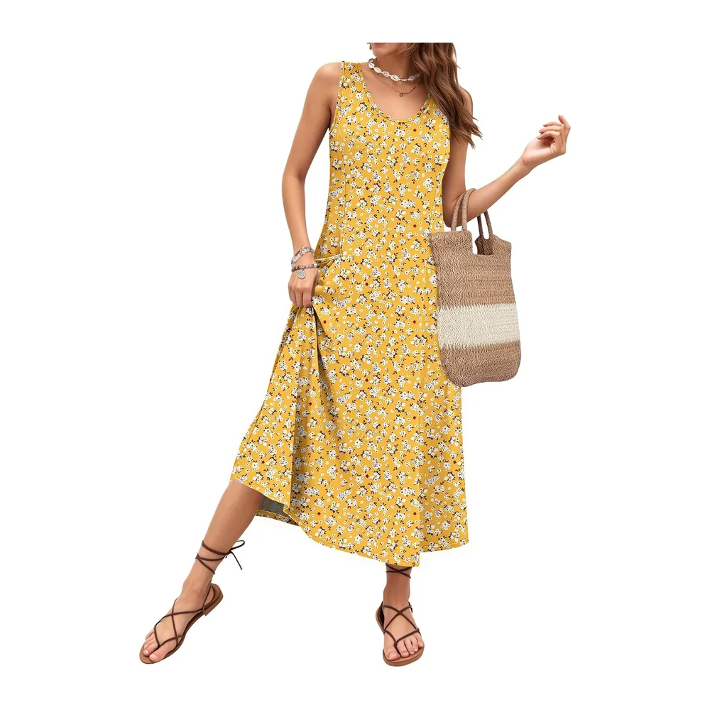 Robe Longue ete sans Manches Robe de Plage Coupe trapèze Longues — Motifs Floraux Jaunes