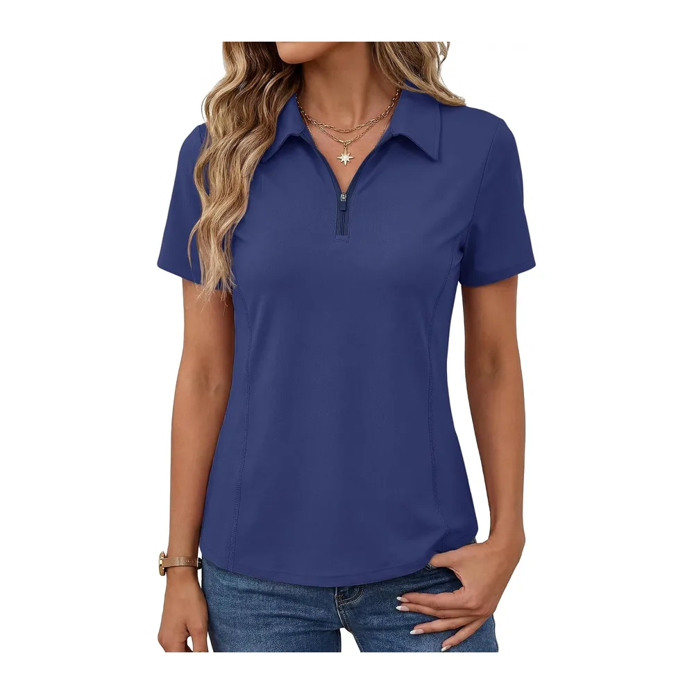 Short Sleeve Sports Polo Shirt Golf Top Tennis Workout Running 1/4 Zip — Bleu Marine