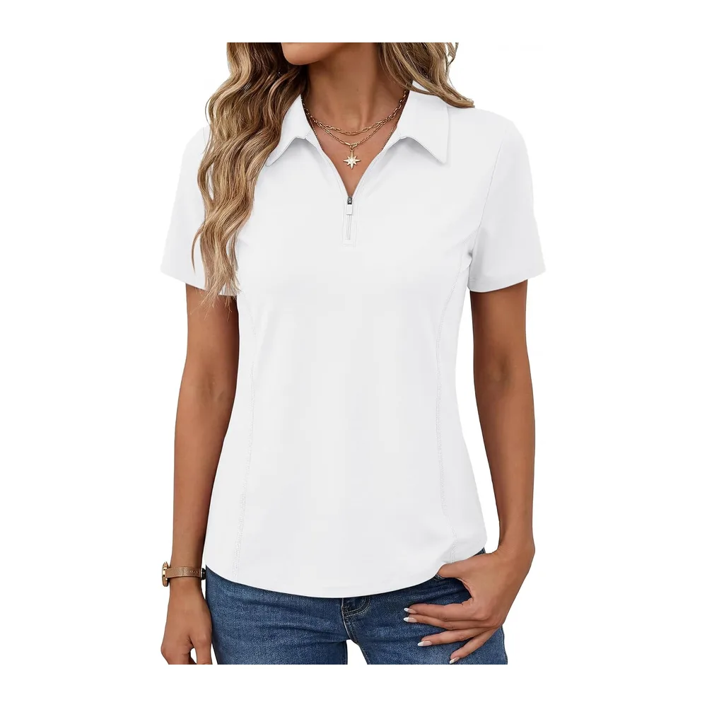 Short Sleeve Sports Polo Shirt Golf Top Tennis Workout Running 1/4 Zip Sportswear — Blanc