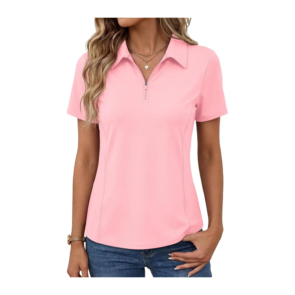 Short Sleeve Sports Polo Shirt Golf Top Tennis Workout Running 1/4 Zip Sportswear — Rose