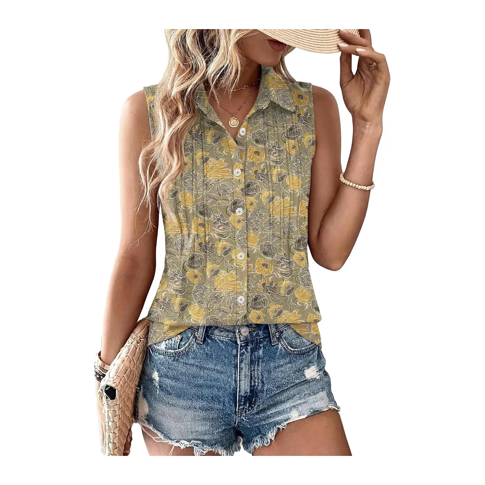 Summer Sleeveless Button Down Cotton Blouse with Pleated Front Collar — Motif Floral Vert.