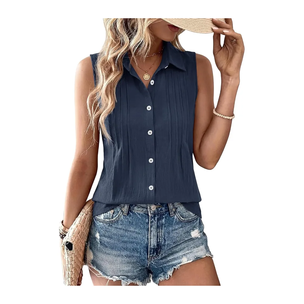 Summer Sleeveless Button Down Cotton Blouse with Pleated Front Collar — Bleu Marine