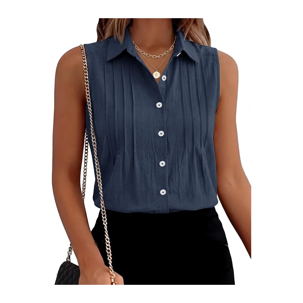Summer Sleeveless Button Down Cotton Blouse with Pleated Front Collar — Bleu Marine