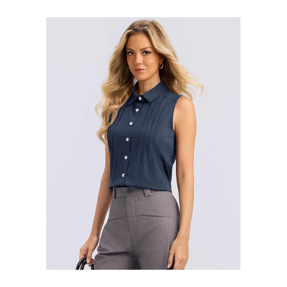 Summer Sleeveless Button Down Cotton Blouse with Pleated Front Collar — Bleu Marine