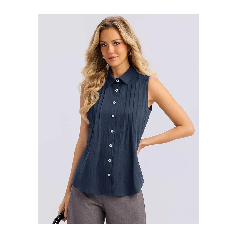 Summer Sleeveless Button Down Cotton Blouse with Pleated Front Collar — Bleu Marine