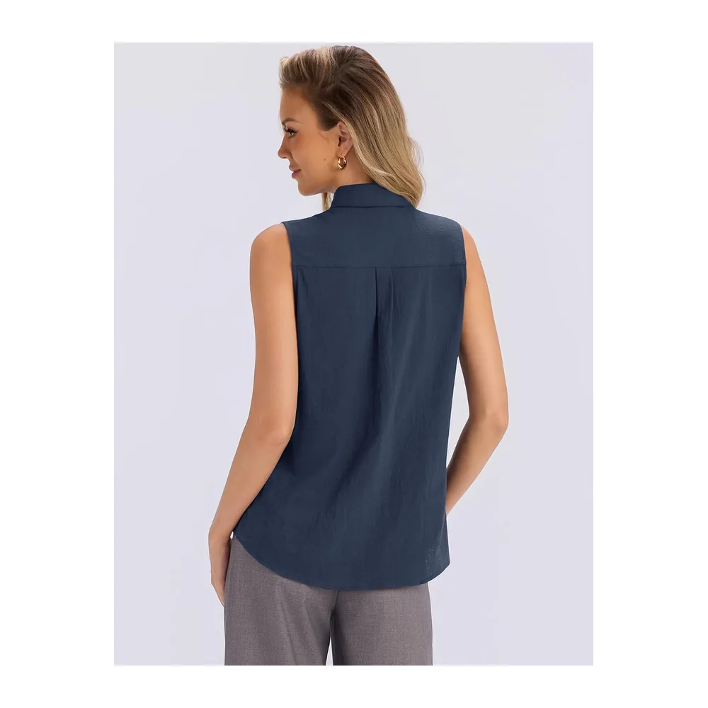 Summer Sleeveless Button Down Cotton Blouse with Pleated Front Collar — Bleu Marine