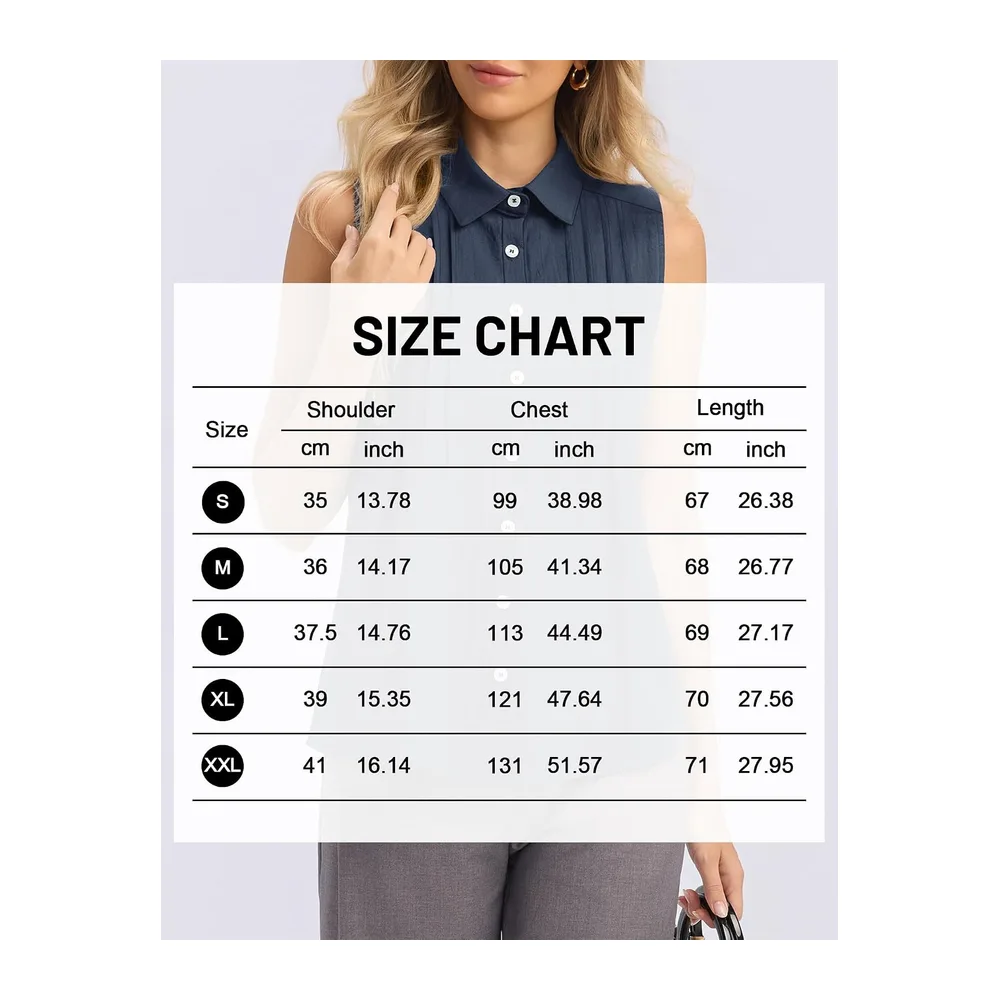 Summer Sleeveless Button Down Cotton Blouse with Pleated Front Collar — Bleu Marine
