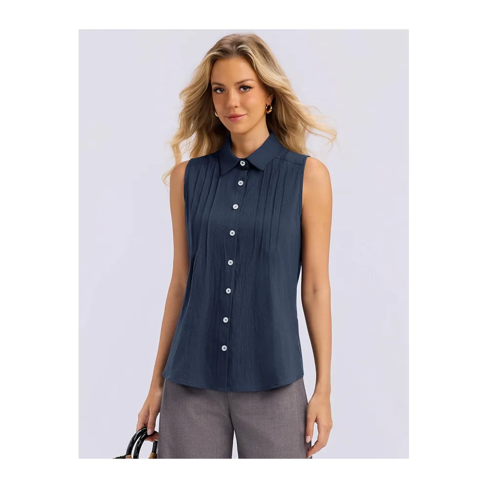 Summer Sleeveless Button Down Cotton Blouse with Pleated Front Collar — Bleu Marine