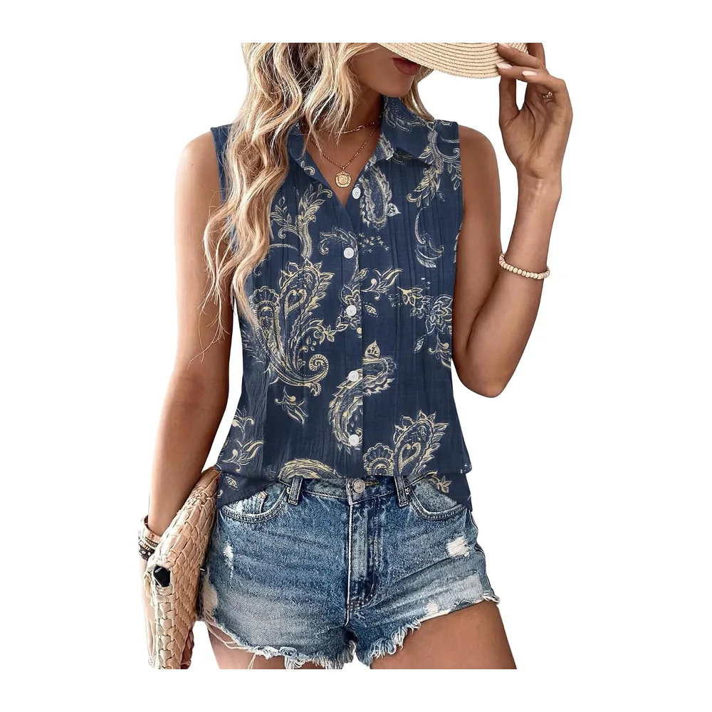Summer Sleeveless Button Down Cotton Blouse with Pleated Front Collar — Floral Bleu Marine