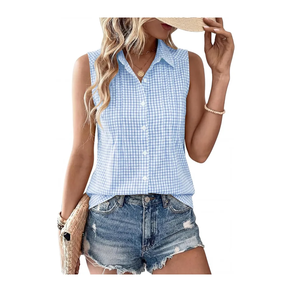 Summer Sleeveless Button Down Cotton Blouse with Pleated Front — Plaid Bleu et Blanc