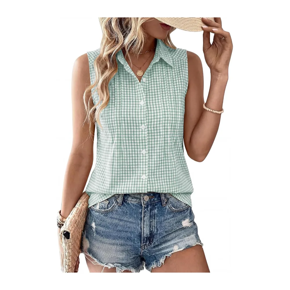 Summer Sleeveless Button Down Cotton Blouse with Pleated Front — Plaid Vert et Blanc