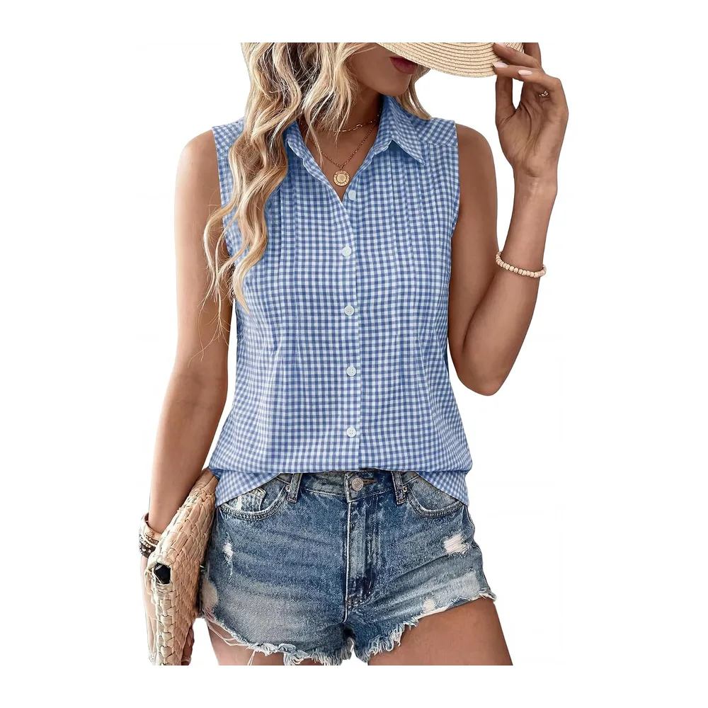 Summer Sleeveless Button Down Cotton Blouse with Pleated — Plaid Bleu Marine et Blanc