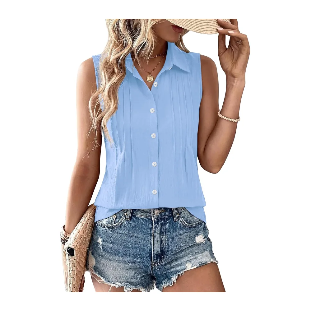 Summer Sleeveless Button Down Cotton Blouse with Pleated Front Collar — Bleu