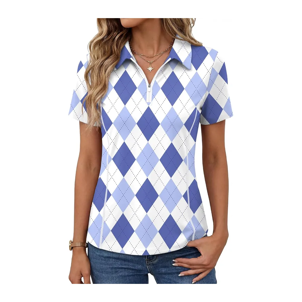 Short Sleeve Sports Polo Shirt Golf Top Tennis Workout Running 1/4 Zip — Plaid Violet.