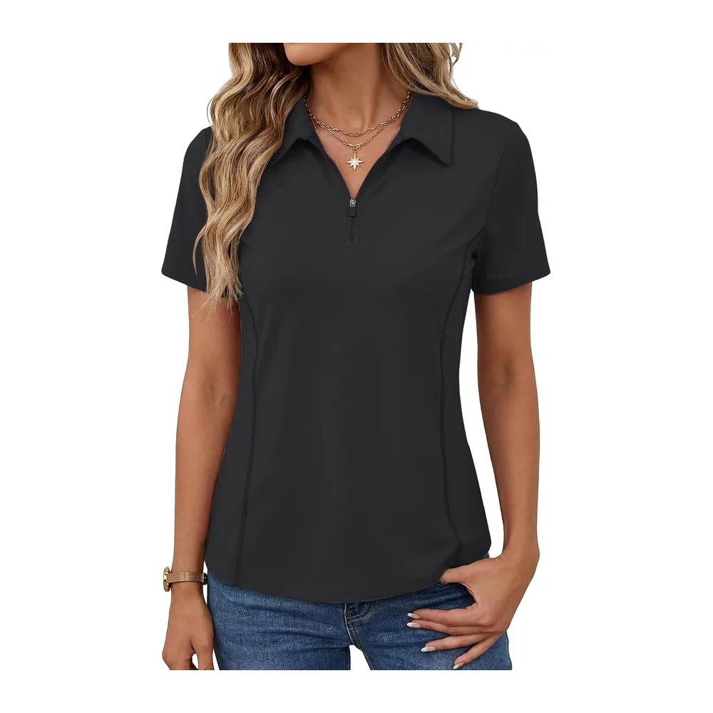 Short Sleeve Sports Polo Shirt Golf Top Tennis Workout Running 1/4 Zip Sportswear — Noir