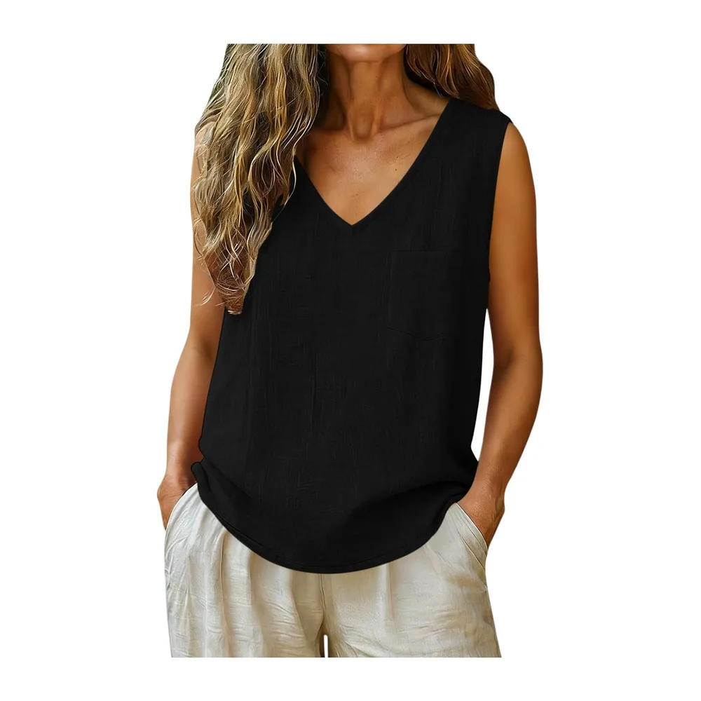 Top Cotton and Linen Breathable Tank Top V Neck Tee Shirt Sleeveless Top — 02 Noir