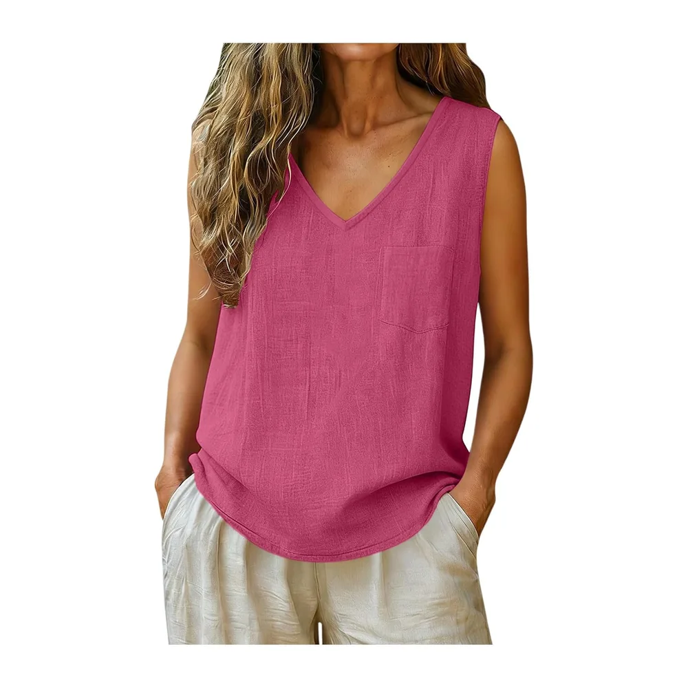 Top Cotton and Linen Breathable Tank Top V Neck Tee Shirt Sleeveless Top — 05 Chaud Rose