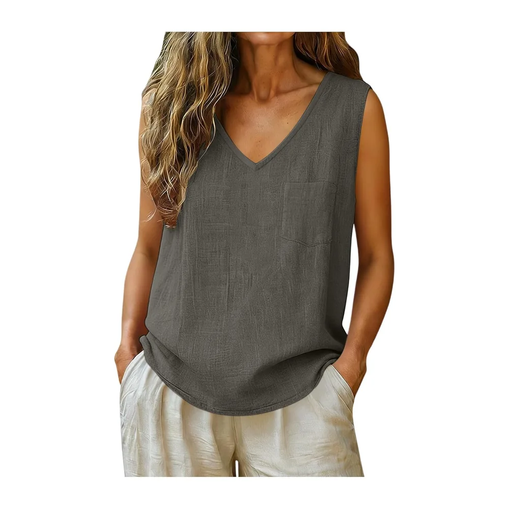 Top Cotton and Linen Breathable Tank Top V Neck Tee Shirt Sleeveless Top — 04 Gris