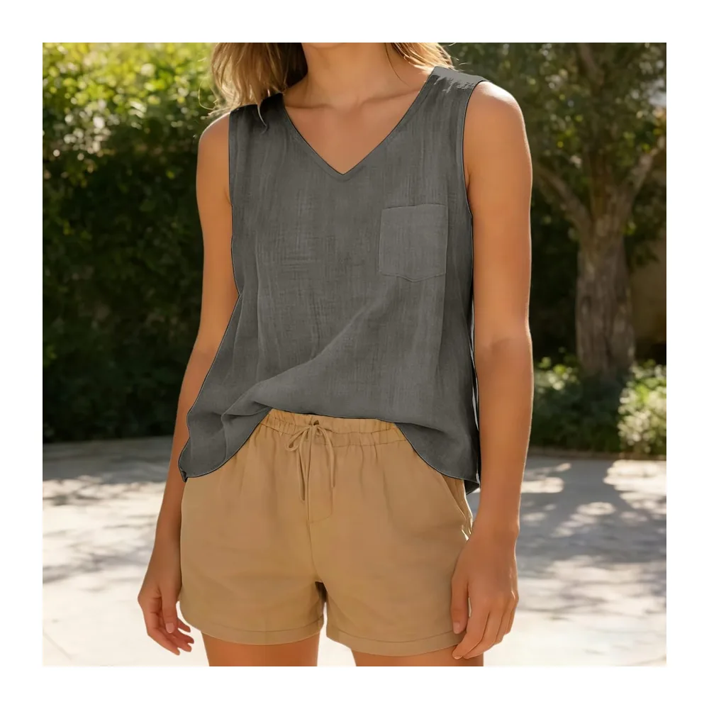 Top Cotton and Linen Breathable Tank Top V Neck Tee Shirt Sleeveless Top — 04 Gris