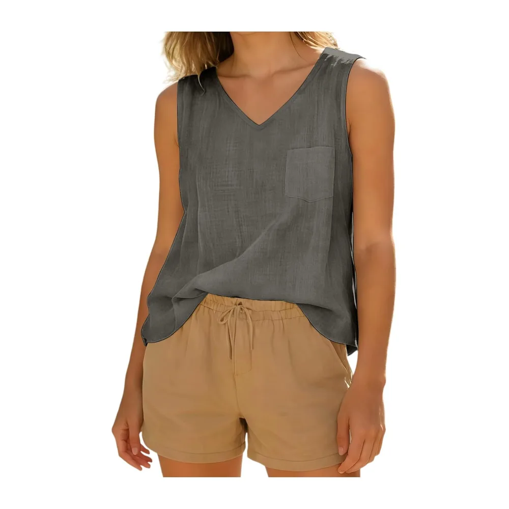 Top Cotton and Linen Breathable Tank Top V Neck Tee Shirt Sleeveless Top — 04 Gris