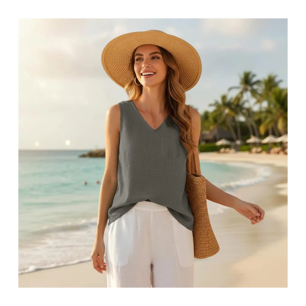 Top Cotton and Linen Breathable Tank Top V Neck Tee Shirt Sleeveless Top — 04 Gris