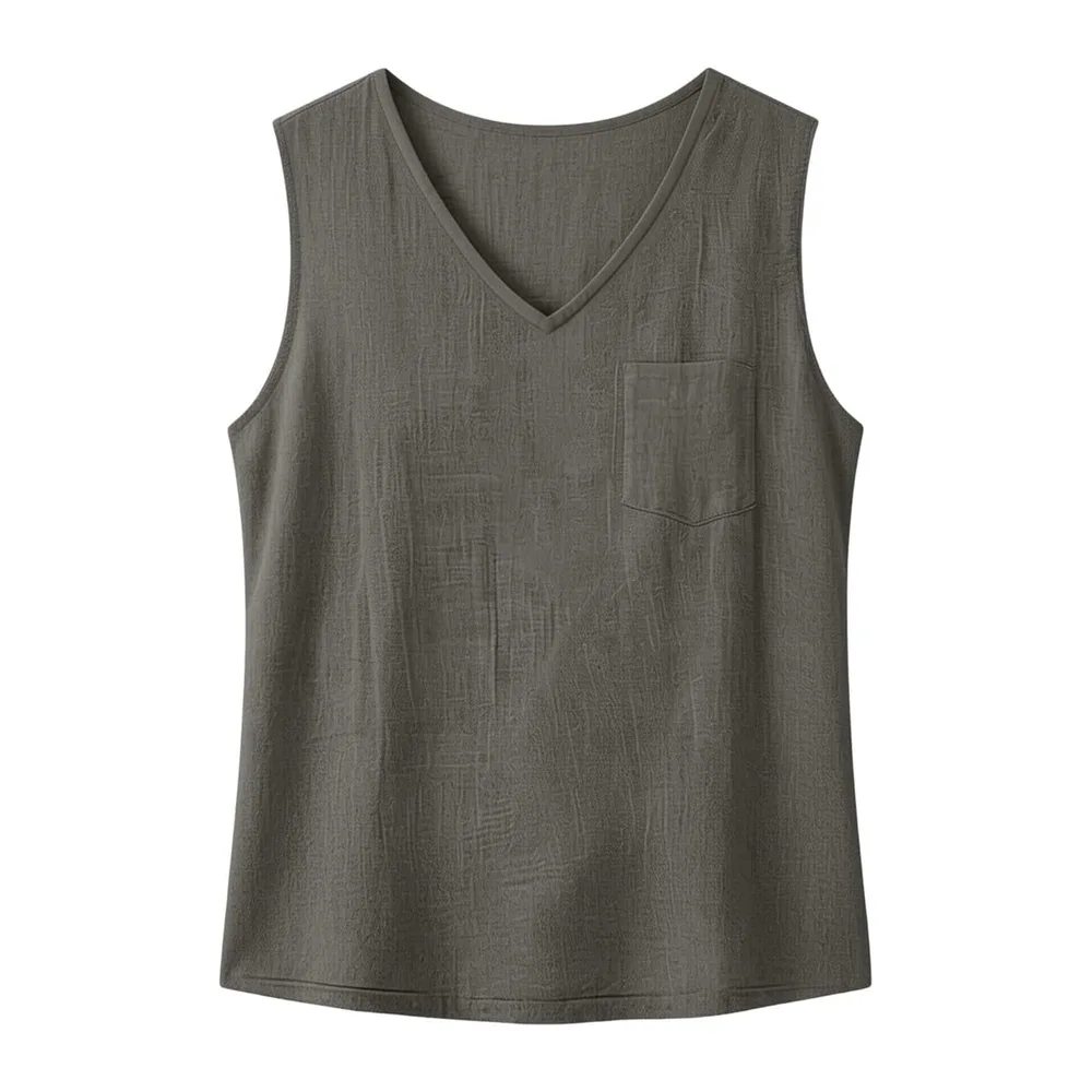 Top Cotton and Linen Breathable Tank Top V Neck Tee Shirt Sleeveless Top — 04 Gris