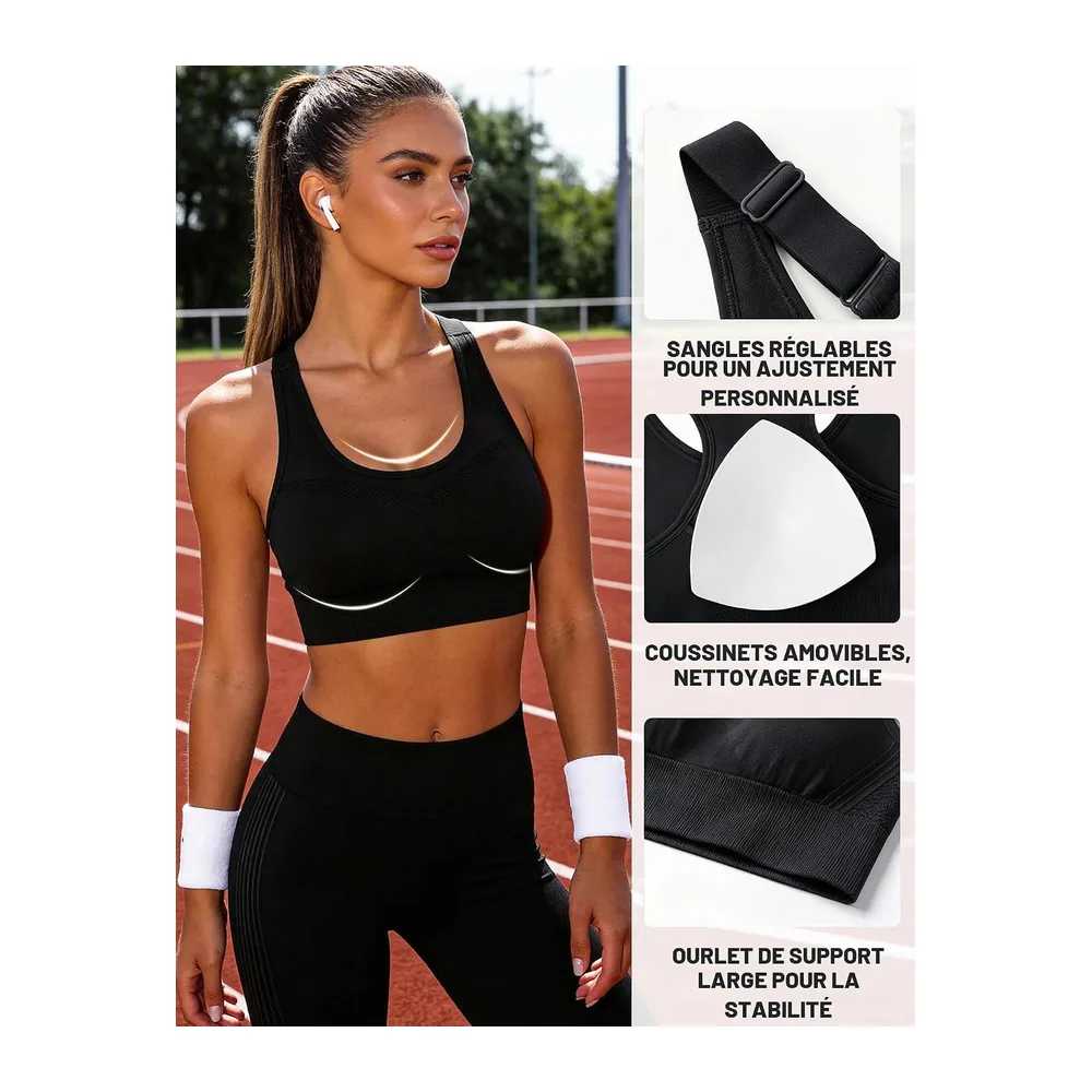 Brassiere Sport sans Armature Soutiens-Gorge de Sport Brassiere avec Coussinets — Noir