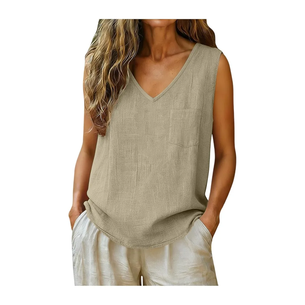 Top Cotton and Linen Breathable Tank Top V Neck Tee Shirt Sleeveless Top — 00 Khaki