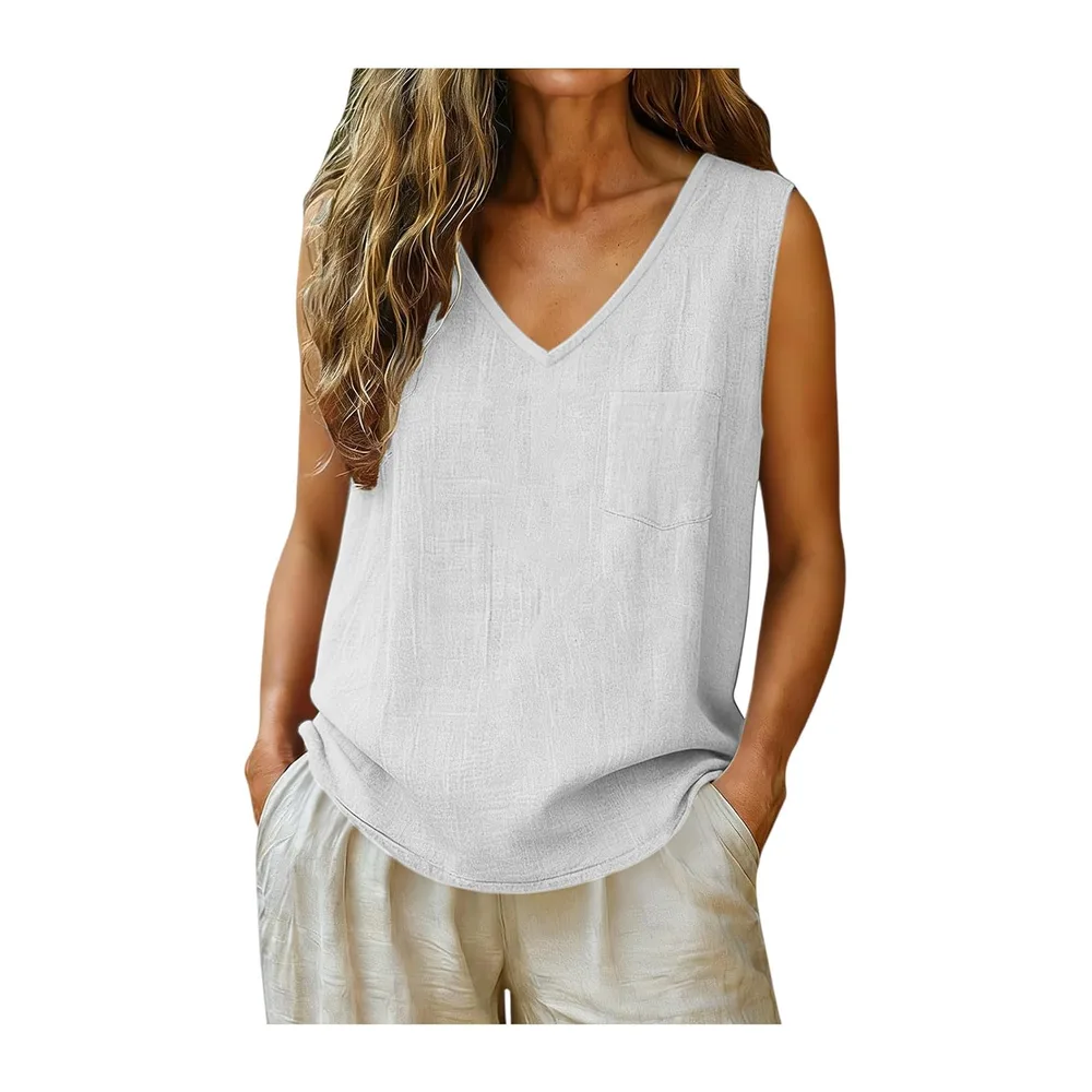 Top Cotton and Linen Breathable Tank Top V Neck Tee Shirt Sleeveless Top — 07 Blanc