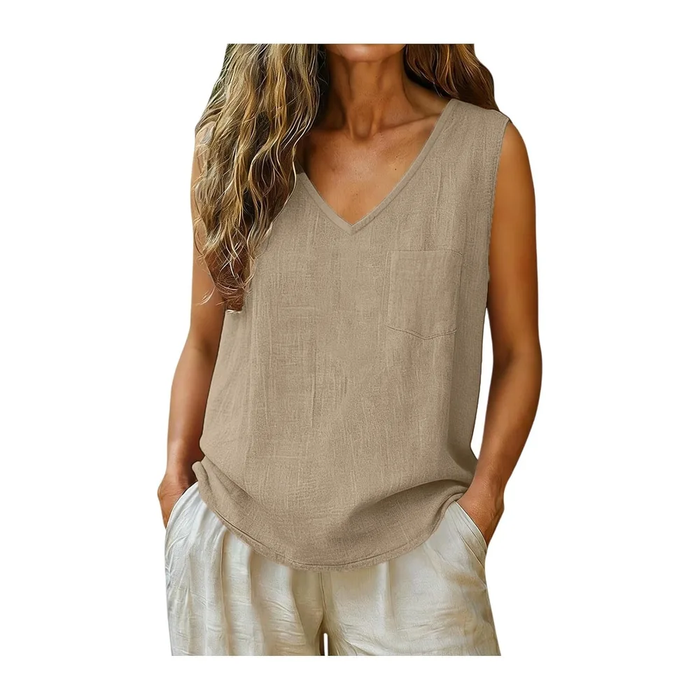 Top Cotton and Linen Breathable Tank Top V Neck Tee Shirt Sleeveless Top — 03 Brun