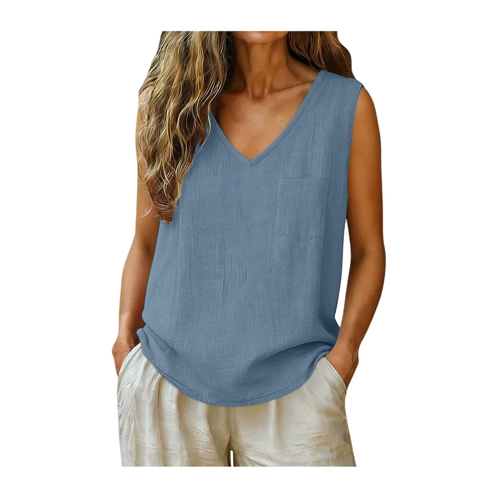 Top Cotton and Linen Breathable Tank Top V Neck Tee Shirt Sleeveless Top — 06 Marine