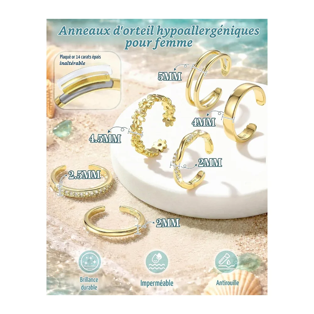 Bagues d'Orteil en or 14K Anneaux d'Orteil Réglables
