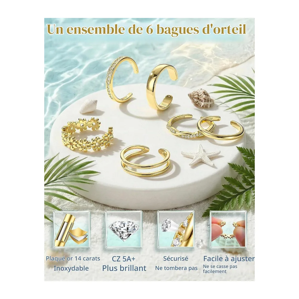 Bagues d'Orteil en or 14K Anneaux d'Orteil Réglables