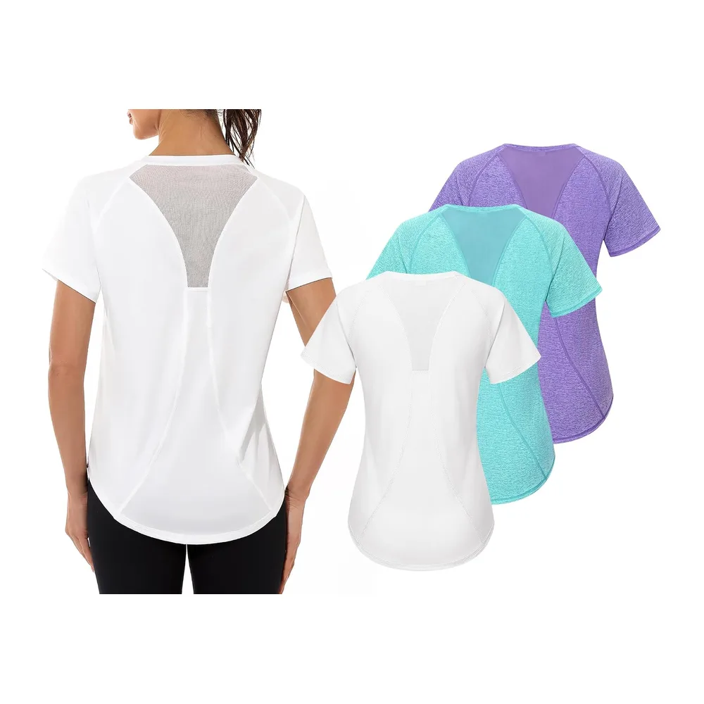 Tee Shirt Sport Anti UV Haut de Fitness Élastique Col Rond — Blanc+lilas+bleu Lagon