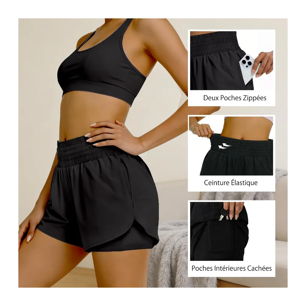 Running Shorts with 2 Zipped Pockets — Noir